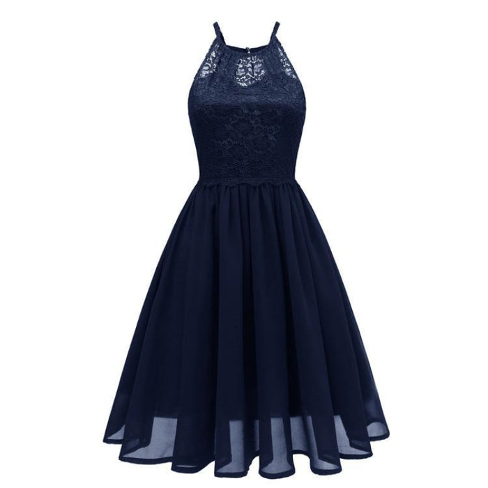 A| Bridelily Pink Patchwork Condole Belt Lace Cut Out Round Neck Sweet Lace Dress - Blue / S - lace dresses