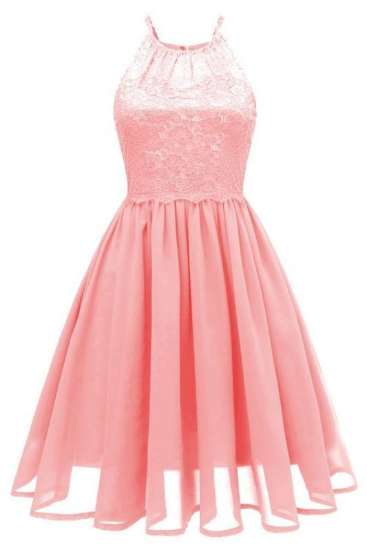 A| Bridelily Pink Patchwork Condole Belt Lace Cut Out Round Neck Sweet Lace Dress - Pink / S - lace dresses