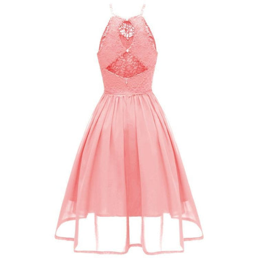 A| Bridelily Pink Patchwork Condole Belt Lace Cut Out Round Neck Sweet Lace Dress - lace dresses