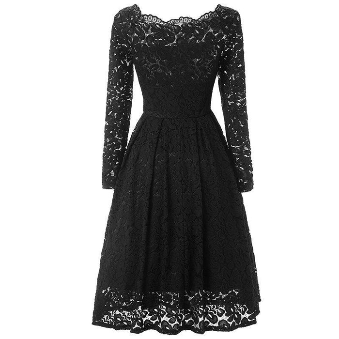 A| Bridelily Plus Size Floral Slash Hals Guipure-Spitze A-Linie Midi-Kleid - Black / M - lace dresses