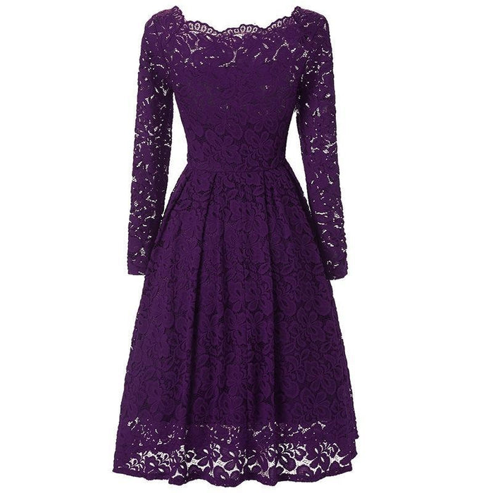 A| Bridelily Plus Size Floral Slash Hals Guipure-Spitze A-Linie Midi-Kleid - Purple / M - lace dresses