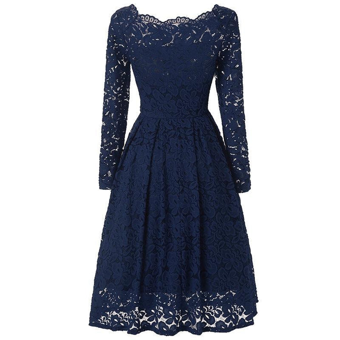 A| Bridelily Plus Size Floral Slash Hals Guipure-Spitze A-Linie Midi-Kleid - Navy Blue / M - lace dresses