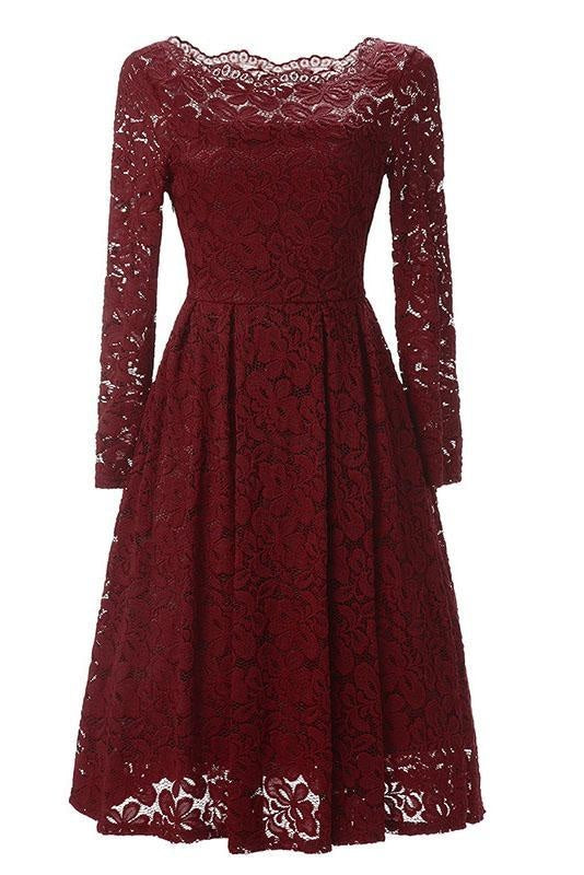 A| Bridelily Plus Size Floral Slash Hals Guipure-Spitze A-Linie Midi-Kleid - Wine Red / M - lace dresses