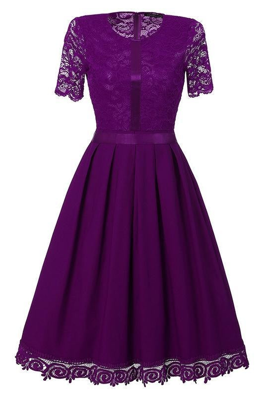A| Bridelily Purple Short Sleeve Knee-length Street Dress - Purple / S - lace dresses
