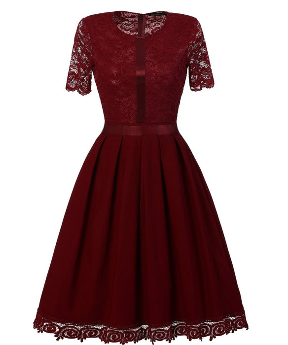 A| Bridelily Purple Short Sleeve Knee-length Street Dress - Wine Red / S - lace dresses