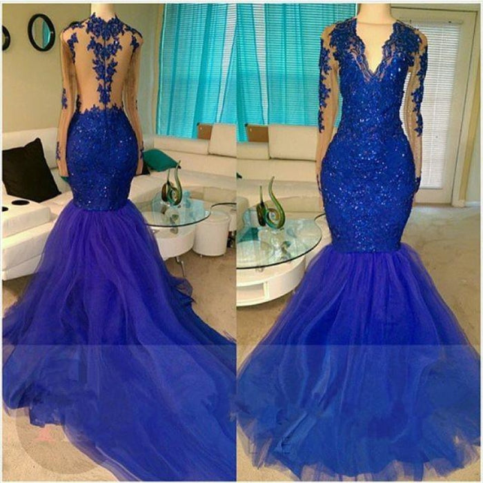 A| Bridelily Royal-Blue Long-Sleeve Beading Sequins V-neck Appliques Mermaid Tulle Prom Dresses - Prom Dresses