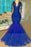 A| Bridelily Royal-Blue Long-Sleeve Beading Sequins V-neck Appliques Mermaid Tulle Prom Dresses - Prom Dresses
