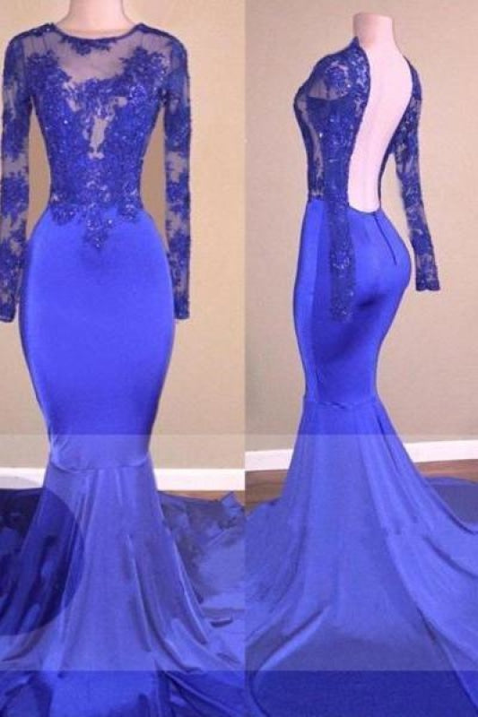 A| Bridelily Sexy Backless Royal-Blue Long-Sleeves Beaded Mermaid Prom Dresses - Prom Dresses