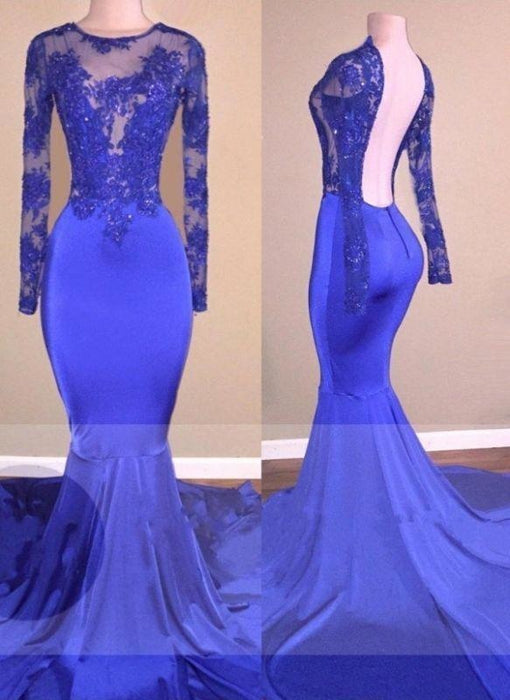 A| Bridelily Sexy Backless Royal-Blue Long-Sleeves Beaded Mermaid Prom Dresses - Prom Dresses