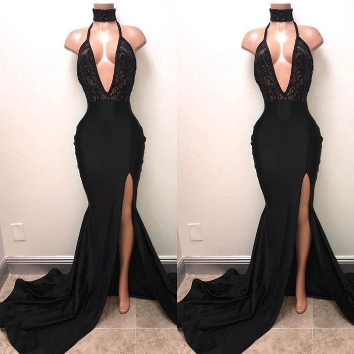 A| Bridelily Sexy Black Mermaid Prom Dress | 2019 V-Neck Evening Dress With Slit - Prom Dresses