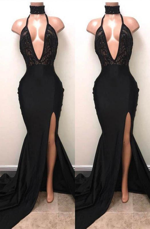 A| Bridelily Sexy Black Mermaid Prom Dress | 2019 V-Neck Evening Dress With Slit - Prom Dresses