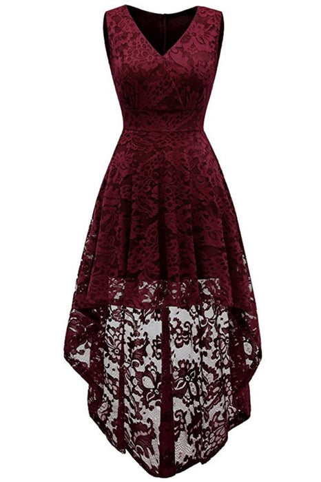 A| Bridelily Simple Cocktail Dresses Lace Short Front Long Back Dresses - S / Burgundy - lace dresses