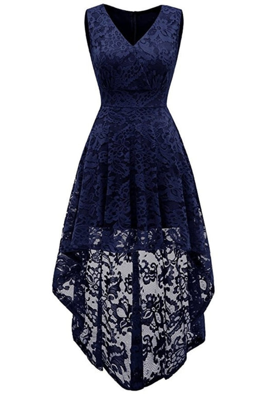 A| Bridelily Simple Cocktail Dresses Lace Short Front Long Back Dresses - S / Navy Blue - lace dresses