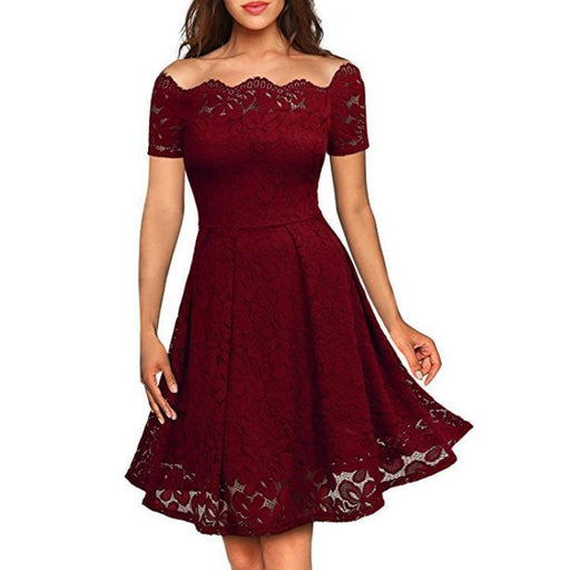 A| Bridelily Solid Lace Peasant Off the Shoulder A-line Dress - S / Wine Red - lace dresses