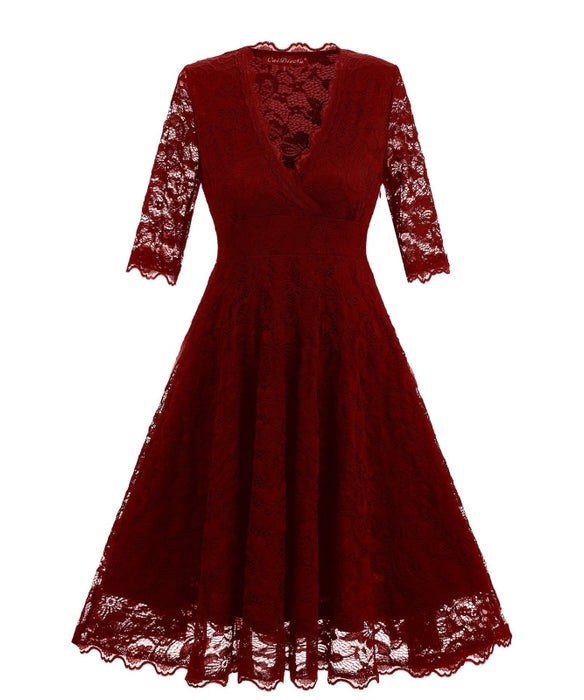 A| Bridelily Street Lace Covered Low Cut Burst Large Swing Dress Cocktail Swing Dress - lace dresses