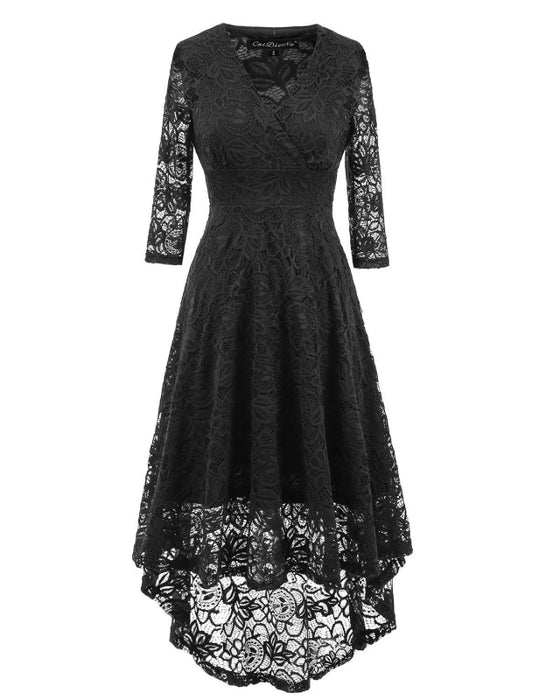 A| Bridelily Women 1950s Street Deep V Neck High-low Hem Lace Cocktail Party Dress - S / Black - lace dresses