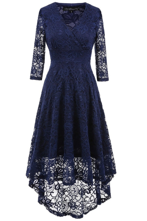 A| Bridelily Women 1950s Street Deep V Neck High-low Hem Lace Cocktail Party Dress - S / Blue - lace dresses
