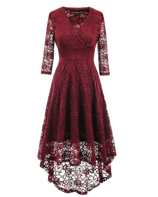 A| Bridelily Women 1950s Street Deep V Neck High-low Hem Lace Cocktail Party Dress - S / Wine Red - lace dresses