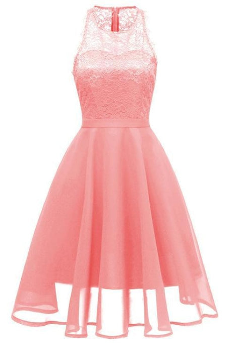 A| Bridelily Women Round Neck Chiffon Lace Dress - Pink / S - lace dresses