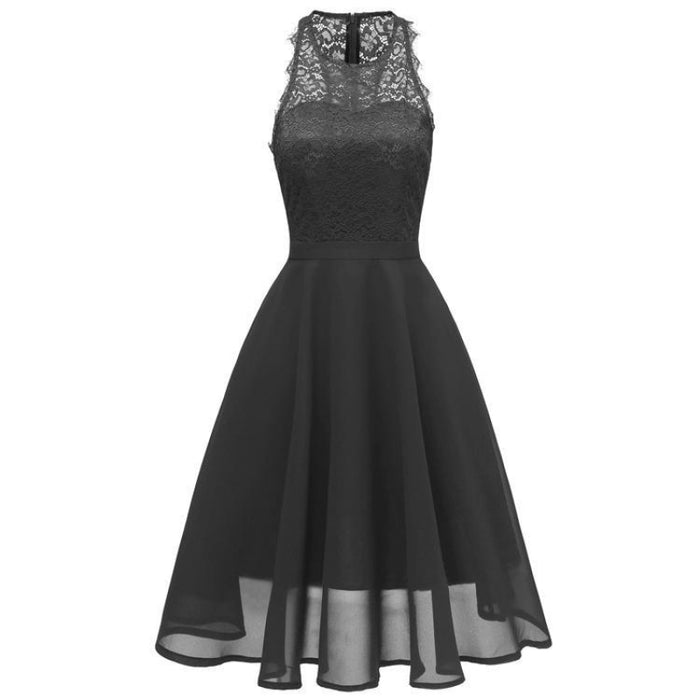A| Bridelily Women Round Neck Chiffon Lace Dress - Black / S - lace dresses