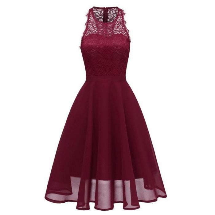 A| Bridelily Women Round Neck Chiffon Lace Dress - Wine Red / S - lace dresses