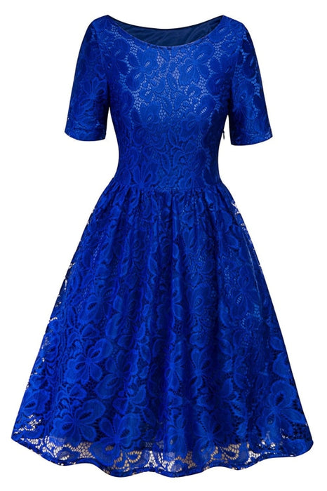 A| Bridelily Women Street Lace Crochet Dress Short Sleeve Evening Cocktail Dresses - S / Blue - lace dresses