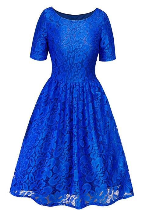 A| Bridelily Women Street Lace Crochet Dress Short Sleeve Evening Cocktail Dresses - S / Light Blue - lace dresses