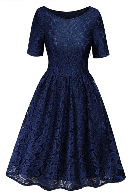 A| Bridelily Women Street Lace Crochet Dress Short Sleeve Evening Cocktail Dresses - S / Dark Blue - lace dresses