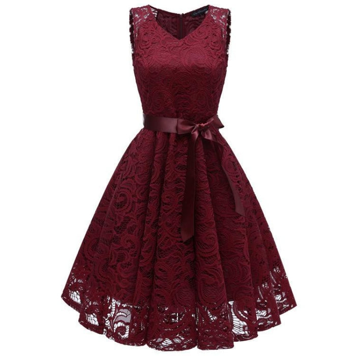 A| Bridelily Womens 1940s Street Rockabilly Ball Gown Flared Dress - Burgundy / S - lace dresses