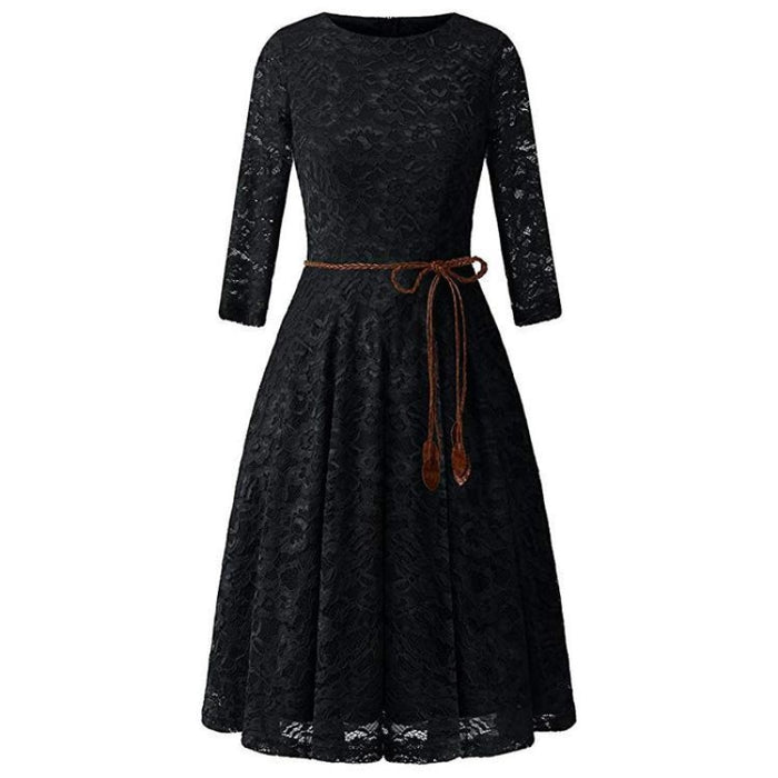 A| Bridelily Womens 3/4 Sleeve Flare Floral Lace Swing Party Bridesmaid Dress - S / Black - lace dresses