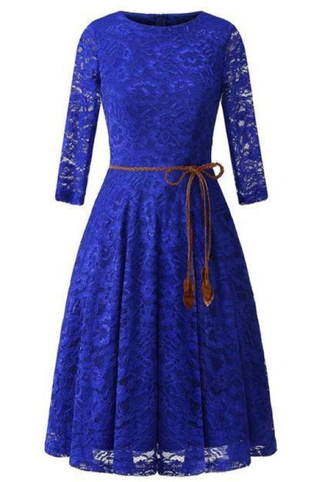 A| Bridelily Womens 3/4 Sleeve Flare Floral Lace Swing Party Bridesmaid Dress - S / Royal Blue - lace dresses