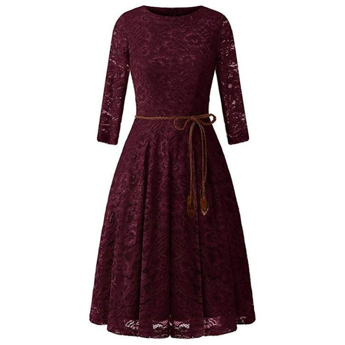 A| Bridelily Womens 3/4 Sleeve Flare Floral Lace Swing Party Bridesmaid Dress - S / Burgundy - lace dresses