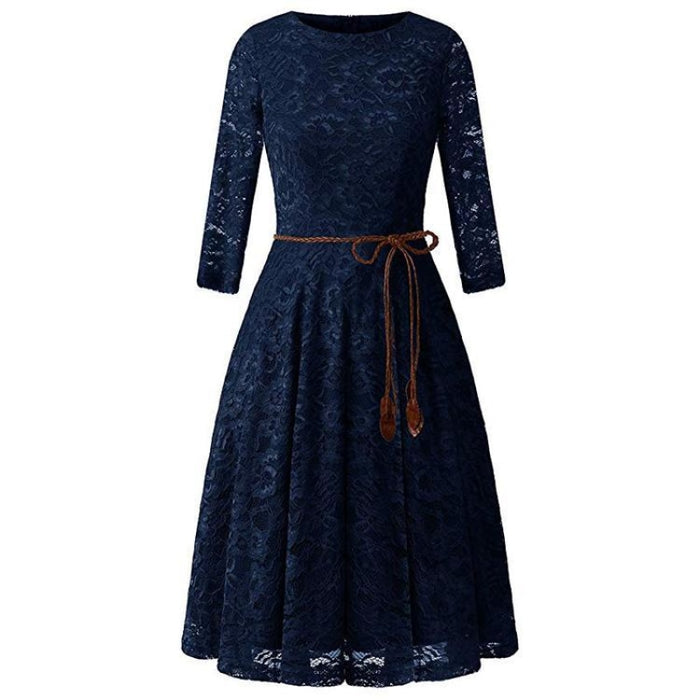 A| Bridelily Womens 3/4 Sleeve Flare Floral Lace Swing Party Bridesmaid Dress - S / Navy Blue - lace dresses