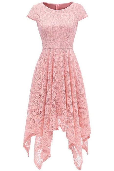 A| Bridelily Womens Floral Lace Cap Sleeve Handkerchief Hem Cocktail Party Swing Dress - S / Pink - lace dresses