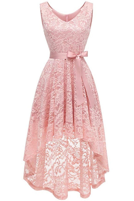 A| Bridelily Womens Floral Lace Hi-Lo Bridesmaid Dress V Neck Cocktail Formal Swing Dress - S / Pink - lace dresses