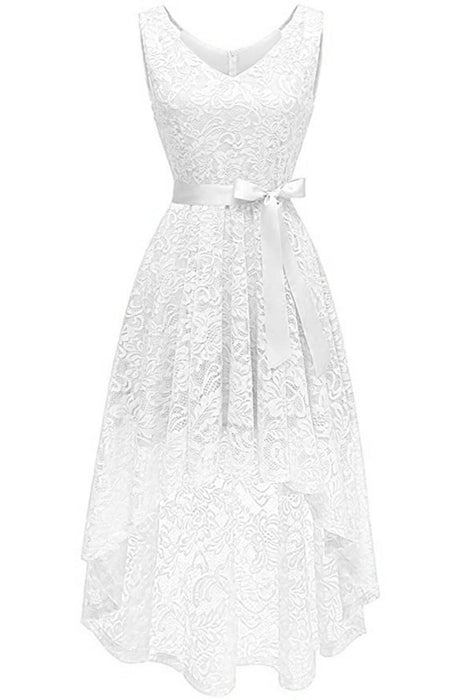 A| Bridelily Womens Floral Lace Hi-Lo Bridesmaid Dress V Neck Cocktail Formal Swing Dress - S / White - lace dresses