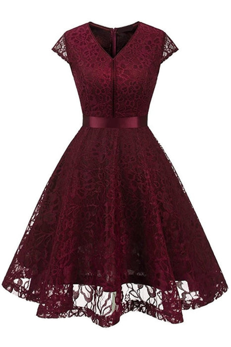 A| Bridelily Womens Street 1950s Short Sleeve A-Line Cocktail Party Dress - S / Burgundy - lace dresses