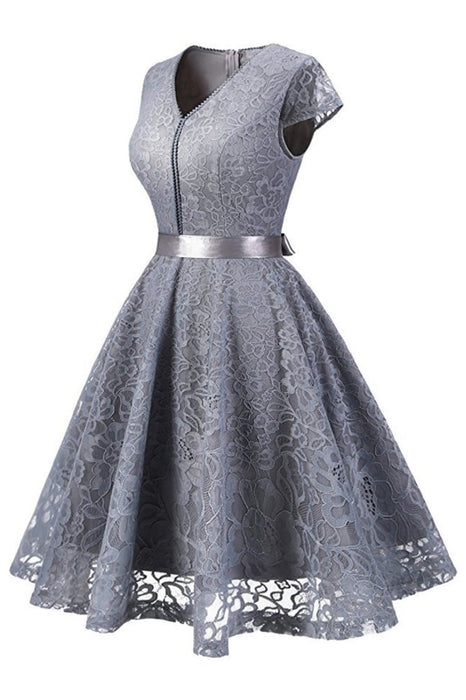 A| Bridelily Womens Street 1950s Short Sleeve A-Line Cocktail Party Dress - S / Grey - lace dresses