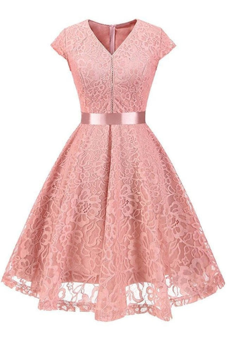 A| Bridelily Womens Street 1950s Short Sleeve A-Line Cocktail Party Dress - S / Pink - lace dresses