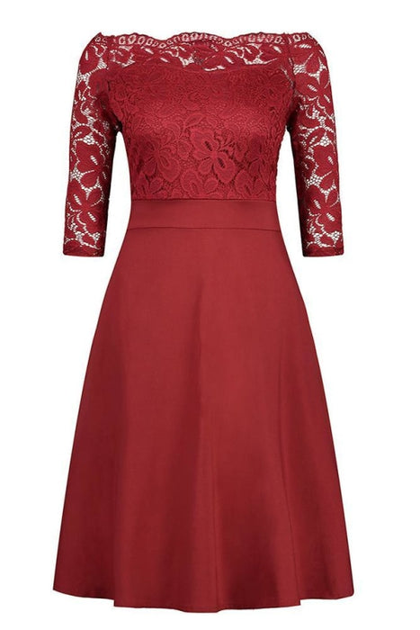 A| Bridelily Womens Street Floral Lace Boat Neck Cocktail Formal Swing Dress - S / Burgundy - lace dresses