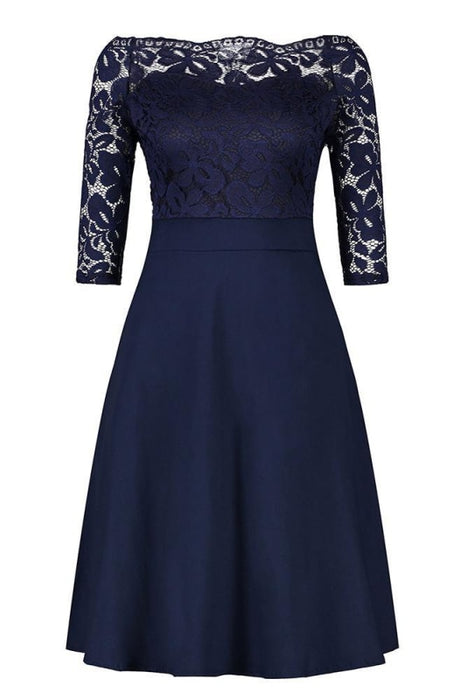 A| Bridelily Womens Street Floral Lace Boat Neck Cocktail Formal Swing Dress - S / Navy Blue - lace dresses