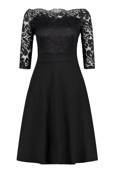 A| Bridelily Womens Street Floral Lace Boat Neck Cocktail Formal Swing Dress - S / Black - lace dresses