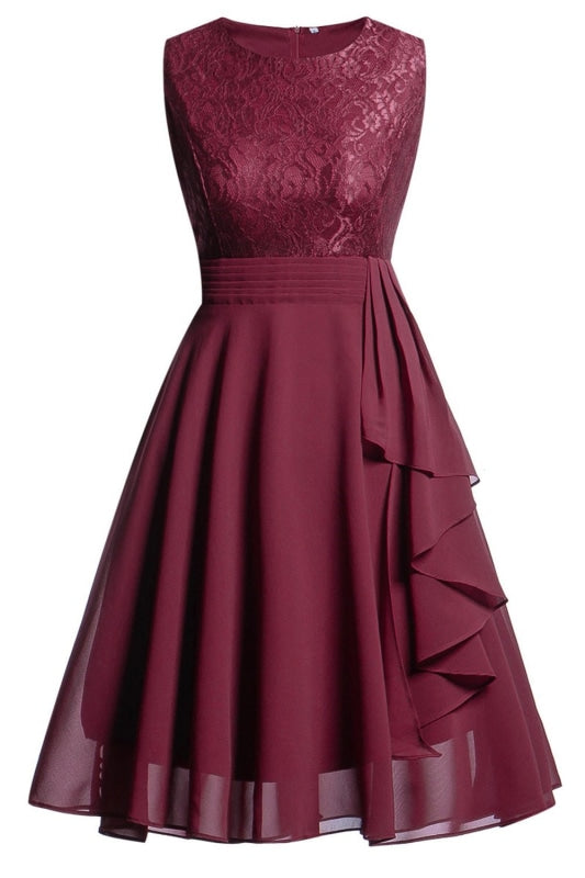 A| Chicoth Women Street Ruffles Belt Floral Lace Bridesmaid Chiffon Dress - S / Burgundy - lace dresses