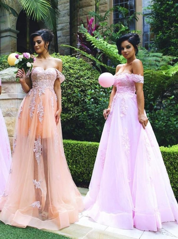 A-Lien Off-the Shoulder Sweep Train Pink Tulle Bridesmaid Dress - Bridesmaid Dresses