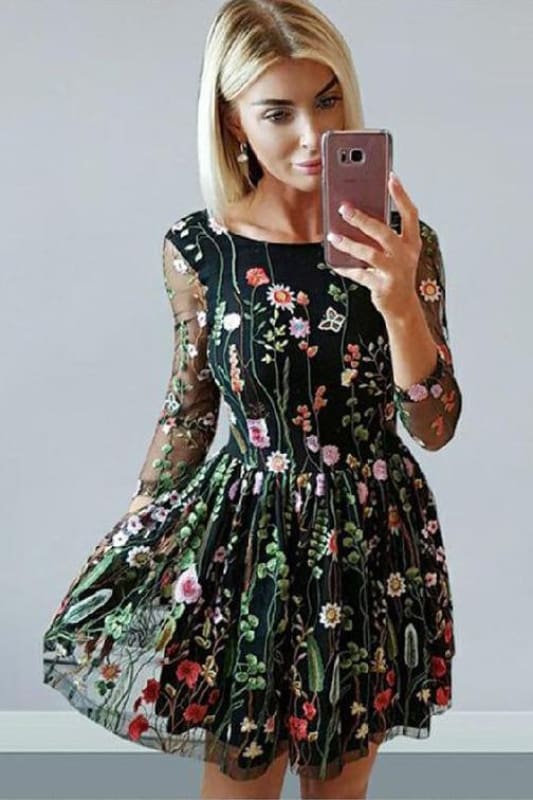 A Line Cute 3D Lace Homecoming Dress with Long Sleeves, Cute Prom Dress with Flowers UQ2163 main image 1