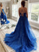 A Line Backless Blue Lace Long Prom Dresses, Blue Lace Formal Dresses, Blue Evening Dresses 