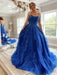 A Line Backless Blue Lace Long Prom Dresses, Blue Lace Formal Dresses, Blue Evening Dresses 