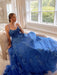 A Line Backless Blue Lace Long Prom Dresses, Blue Lace Formal Dresses, Blue Evening Dresses 