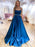 A Line Backless Blue Satin Long Prom Dresses with Belt, Backless Blue Formal Graduation Evening Dresses 