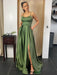 A Line Backless Green Satin Long Prom Dresses with Leg Slit, Backless Green Formal Graduation Evening Dresses 